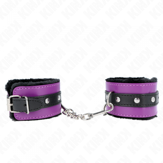 KINK - APPUI-POIGNETS DOUBLÉS DE FOURRURE PREMIUM NOIR AVEC CEINTURE VIOLET / NOIRE RÉGLABLE 17-29 CM X 6 CM