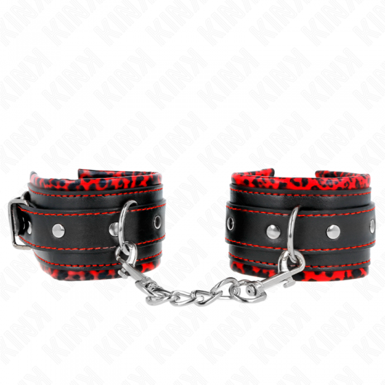 KINK - APPUI-POIGNETS DOUBLÉS DE FOURRURE ROUGE / NOIR RÉGLABLE 17-29 CM X 6 CM